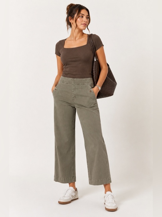 SPANX Pants - SPANX Olive Wide Leg Cropped Pants High Rise Pull On Women’s Large